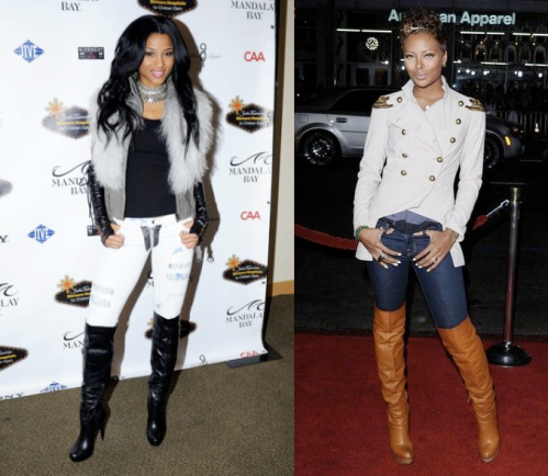 Ciara Harris and Eva Pigford donning their over-the-knee boots with skinny jeans.